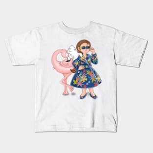 Stylist girl posed with pink flamingo and cat pet Kids T-Shirt